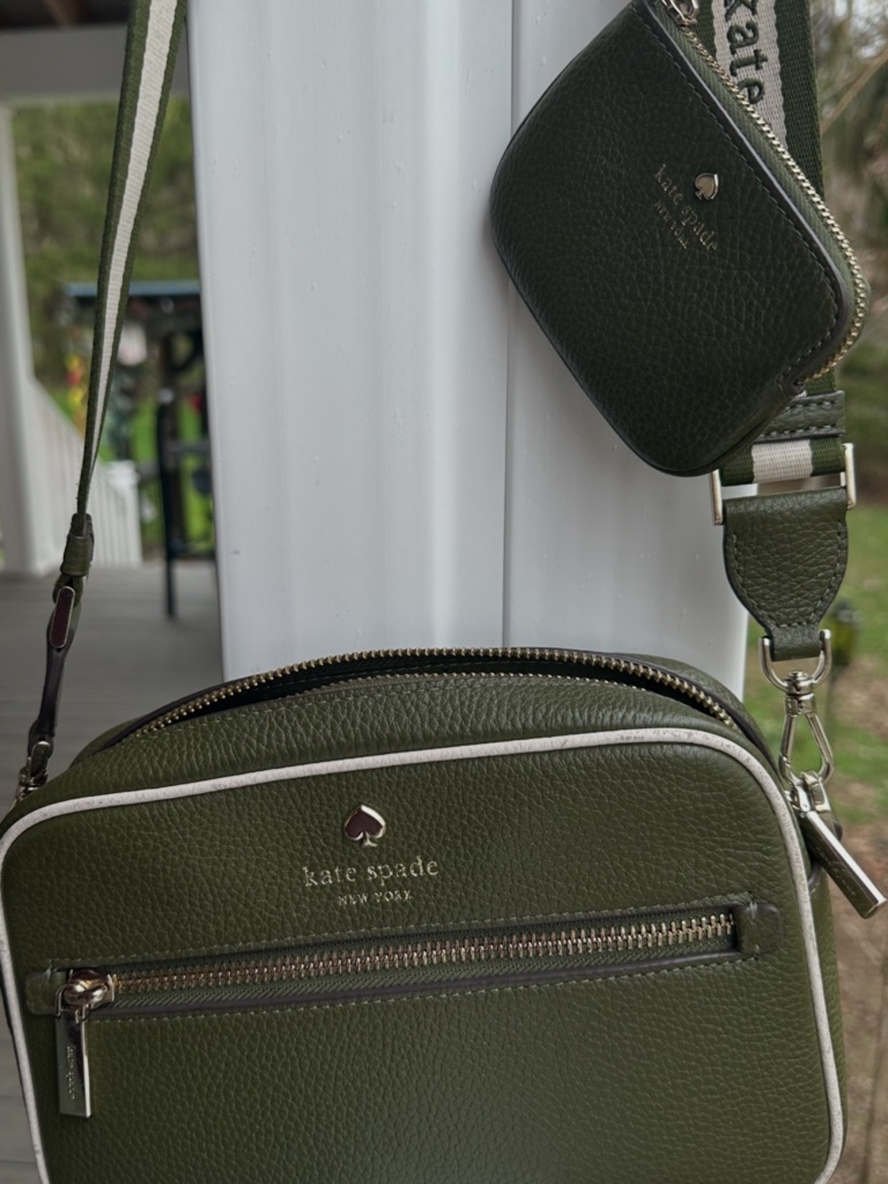 kate spade Olive Green Pebbled Leather Crossbody with Coin Pouch and White Trim